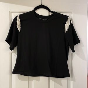 Veronica Beard Black Short Sleeve Tee with Pearl Shoulder Detail